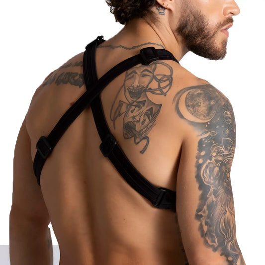 Black adjustable shoulder harness with plastic buckles from the Gigo F fetish harness product line