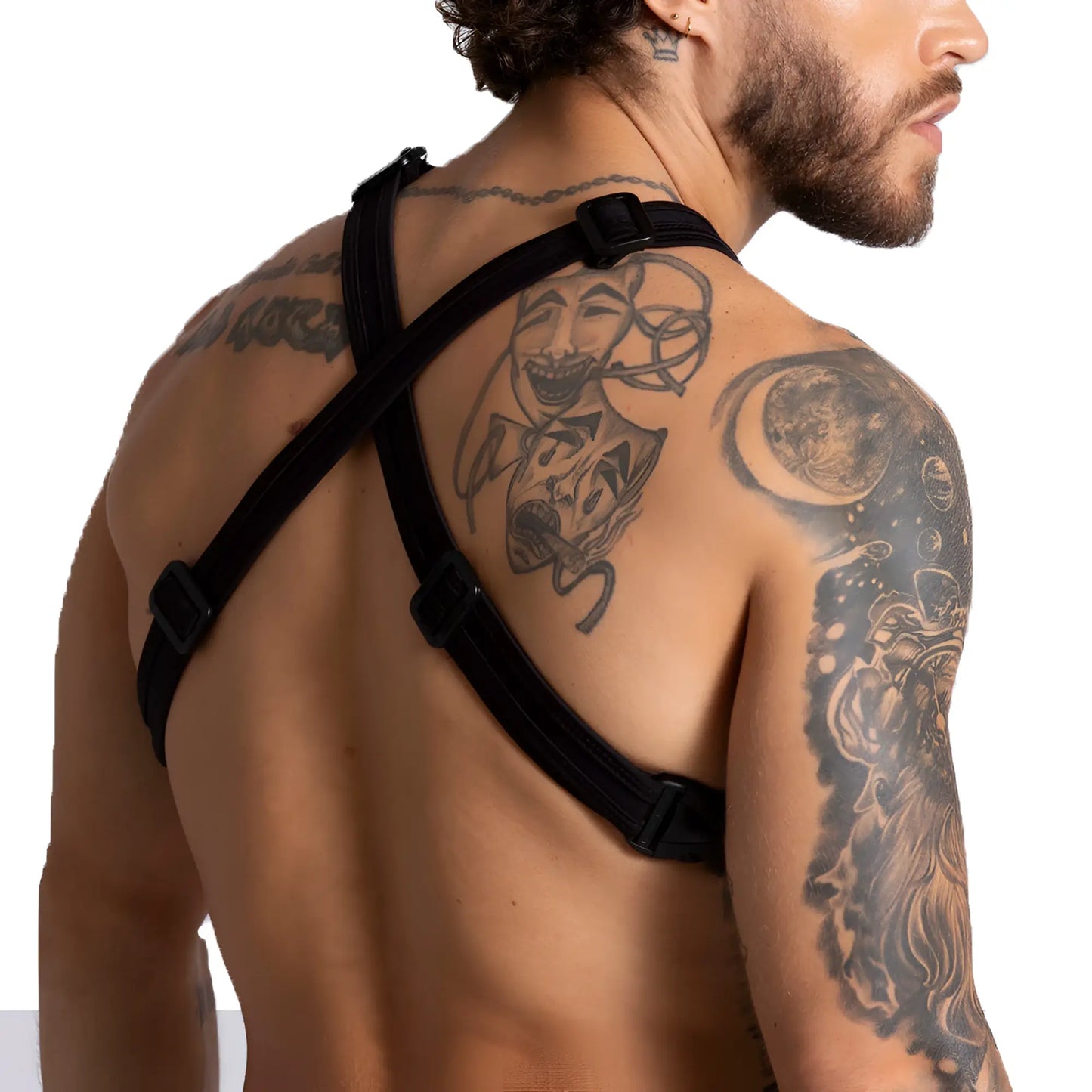 Black adjustable shoulder harness with plastic buckles from the Gigo F fetish harness product line