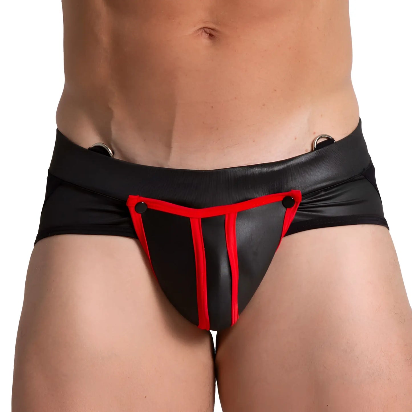 Black and red faux leather briefs with bold angular design featured in gigo f fetish red jockstrap product image
