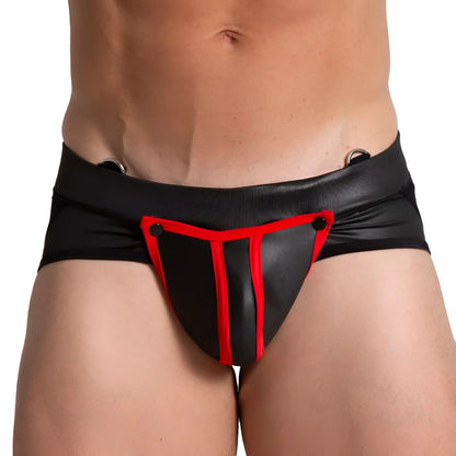 Black and red faux leather briefs with bold angular design featured in gigo f fetish red jockstrap product image