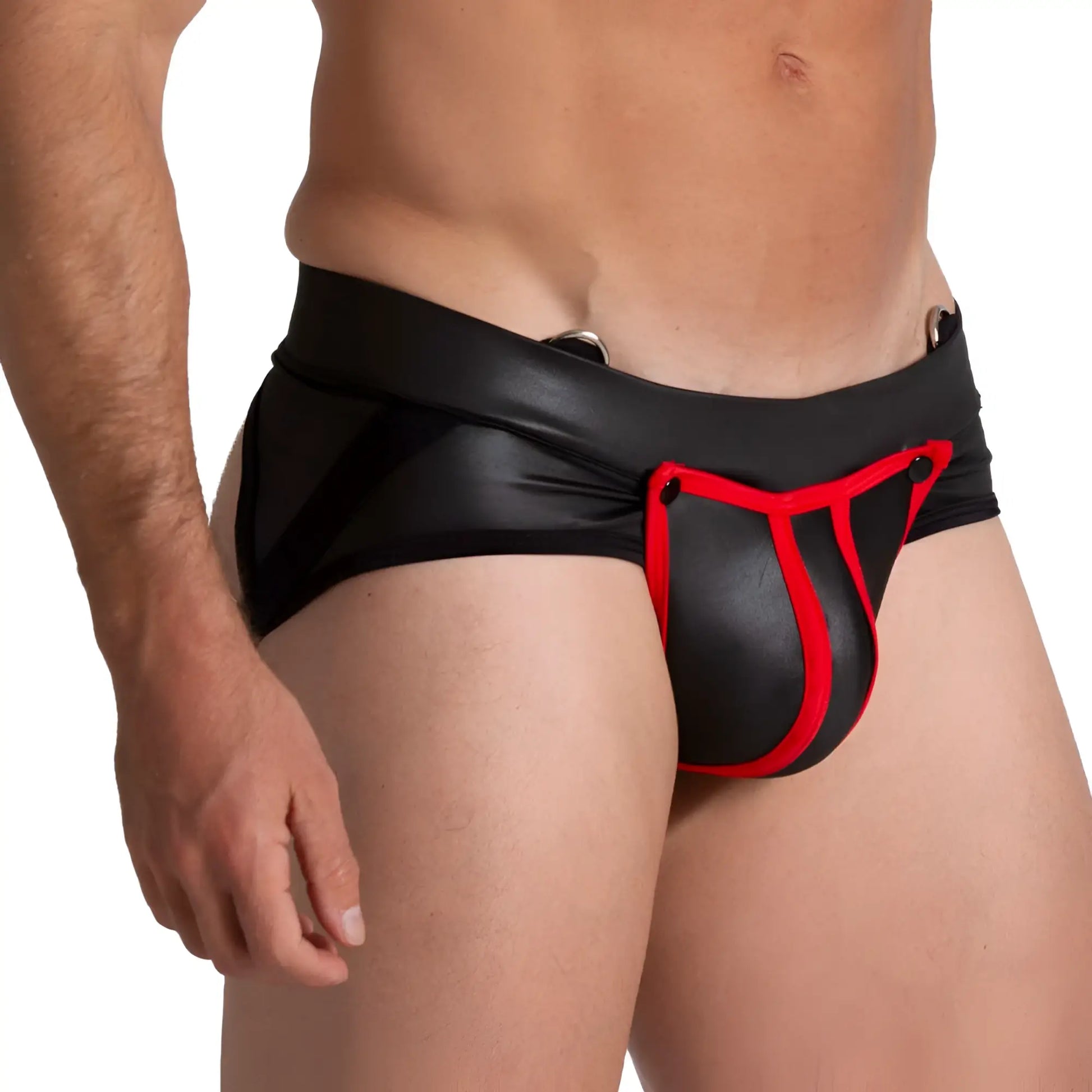 Black and red leather-like shiny form-fitting briefs from gigo f fetish red jockstrap product front view