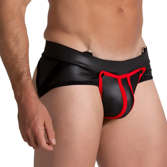 Black and red leather-like shiny form-fitting briefs from gigo f fetish red jockstrap product front view