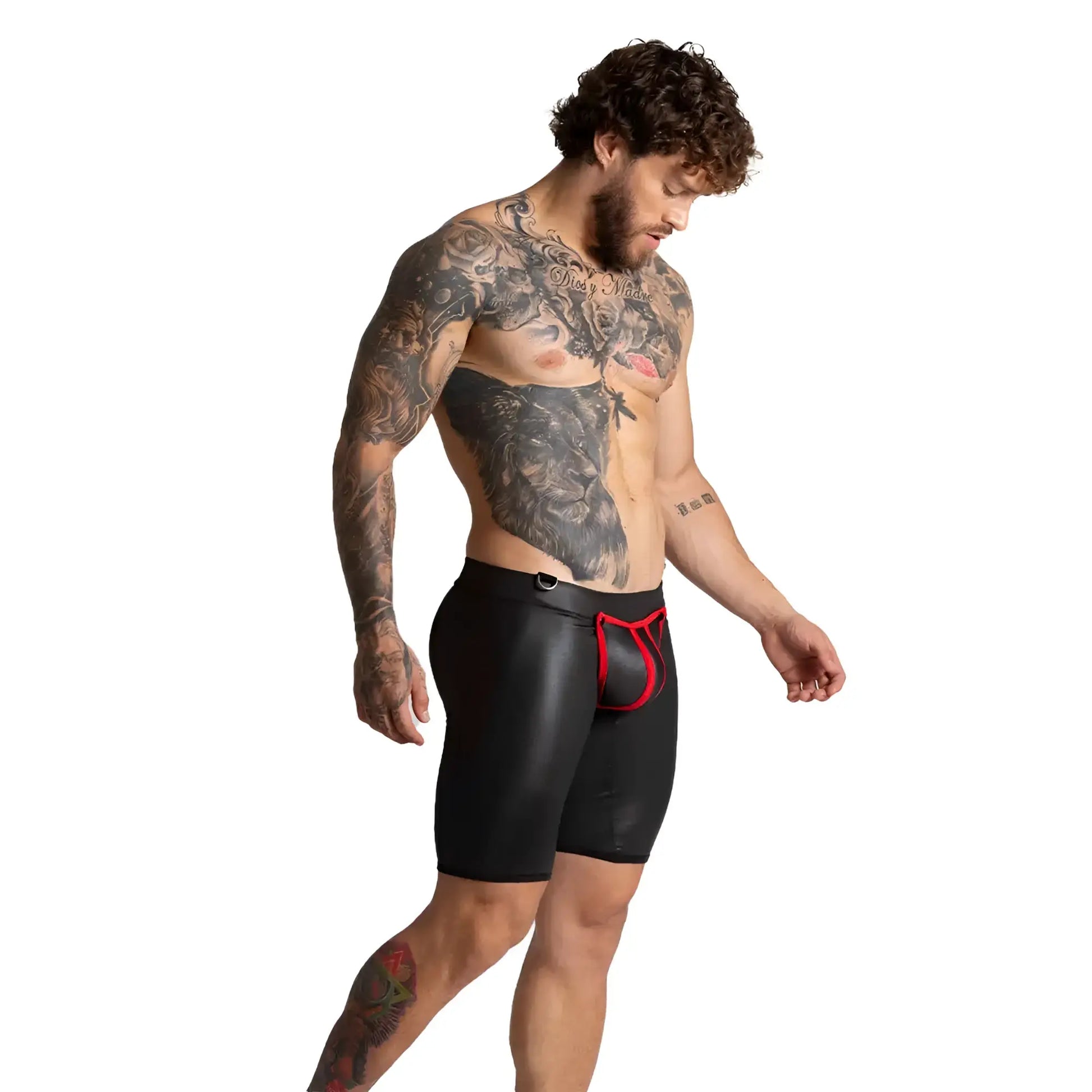 Black glossy leather-like menâ€™s briefs with red elastic waistband and trim gigo f fetish red trunk long