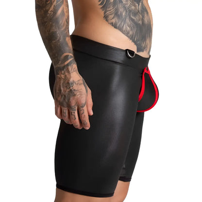 Black leather-like Gigo F Fetish red trunk long briefs with red trim and silver metal buckle at the waistband