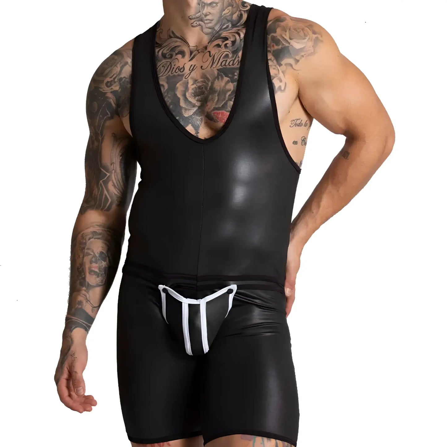 Black shiny faux leather wrestling singlet with white drawstring waistband from gigo f fetish white body collection