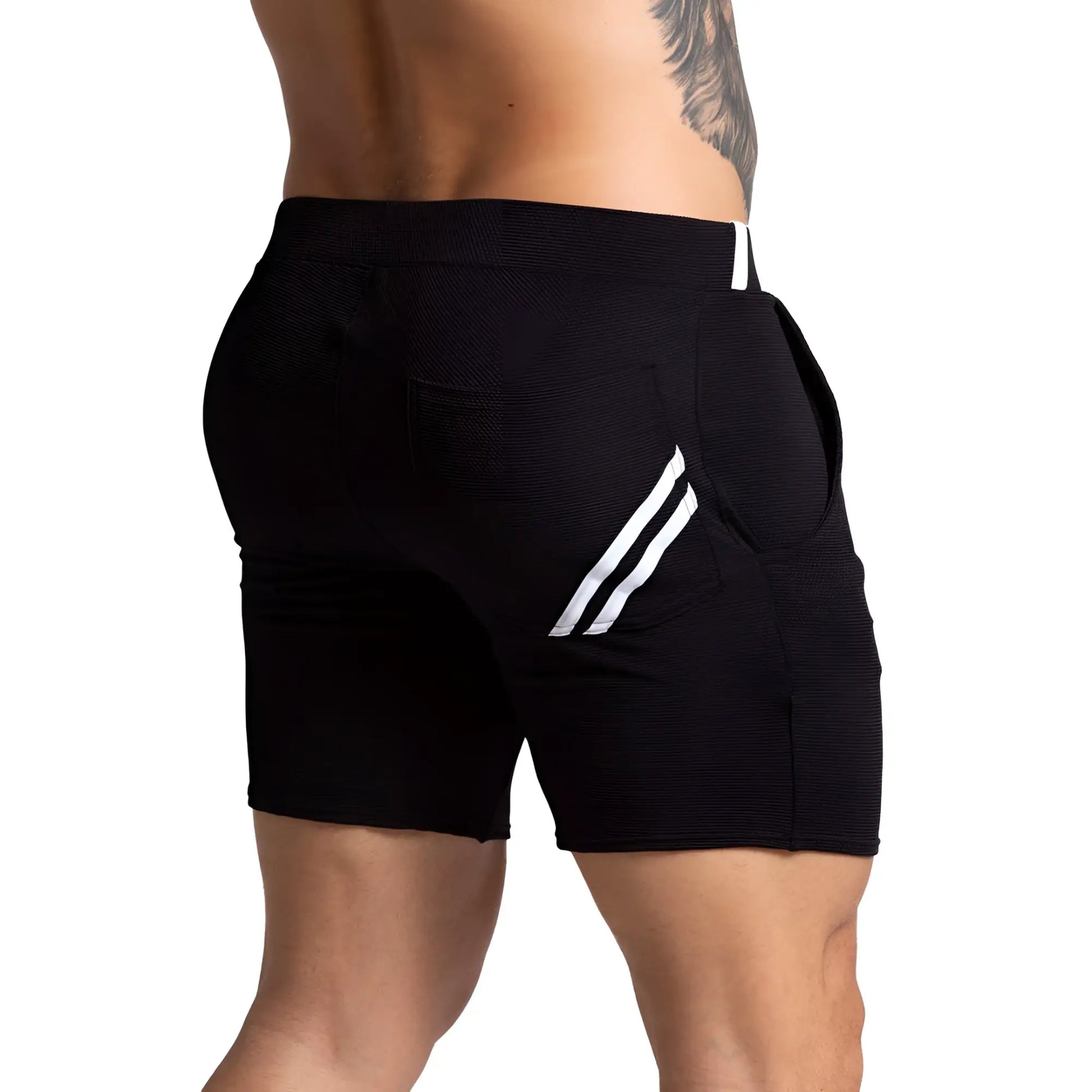 Black gigo f fetish white short athletic shorts with textured fabric and white diagonal stripes on side pockets