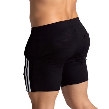 Black gigo f fetish white short athletic shorts with textured fabric and three vertical white stripes on the side seam