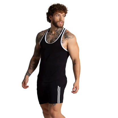 Black gigo f fetish white tank athletic tank top with white trim and matching shorts with two vertical white stripes