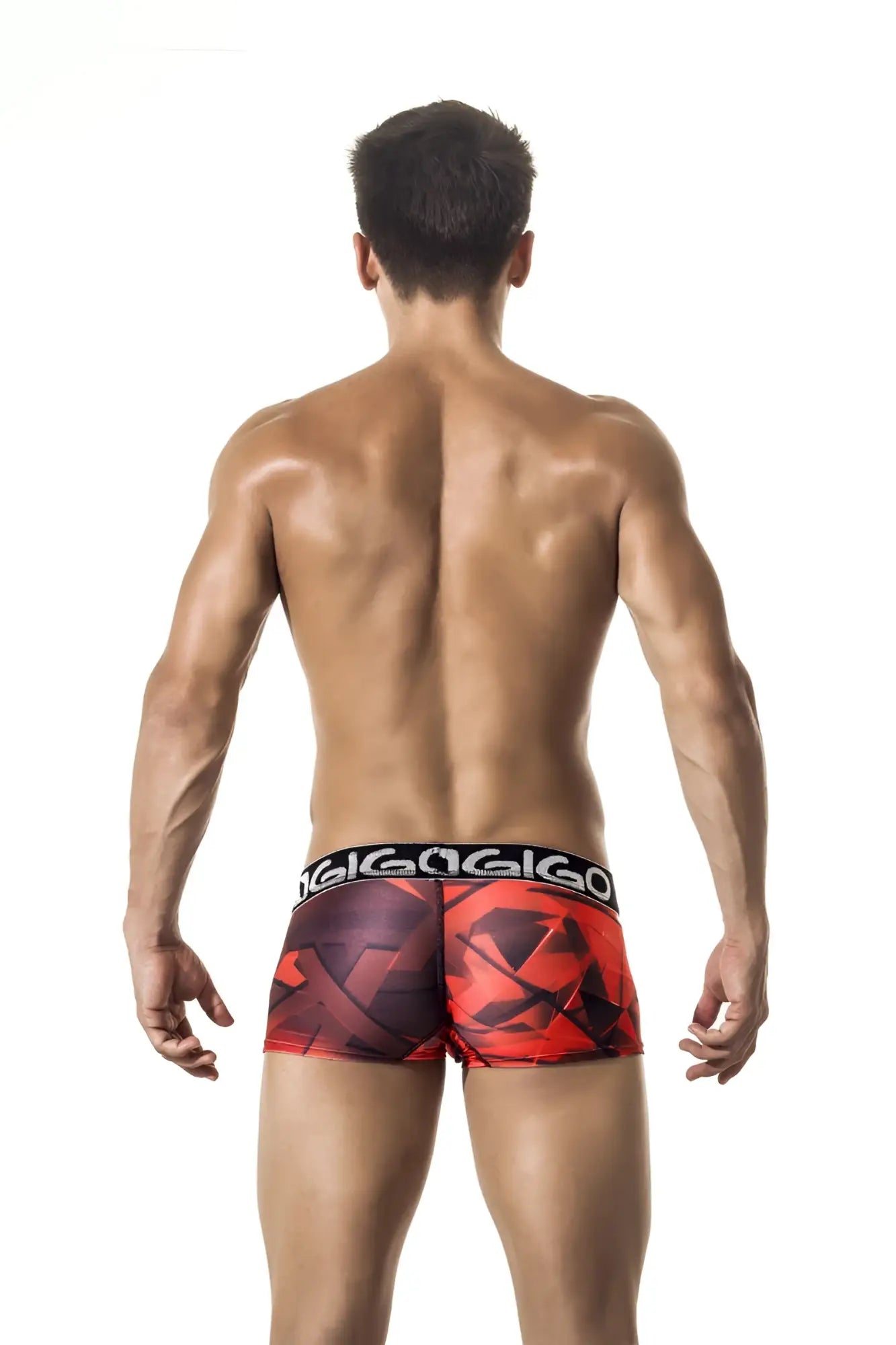 Gigo fast short boxer underwear size L in red and black geometric pattern with bold gigago waistband