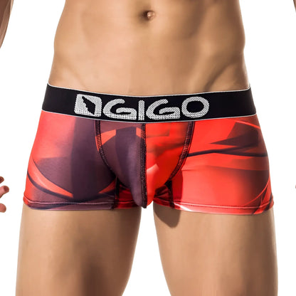 Red and black patterned men’s briefs with black waistband featuring gigo logo in white from fast short boxer underwear g02003 size l