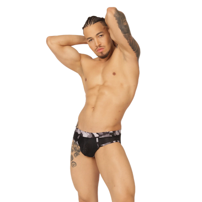 Gigo feeling black brief in black and gray camouflage with a mesh side panel for breathable comfort