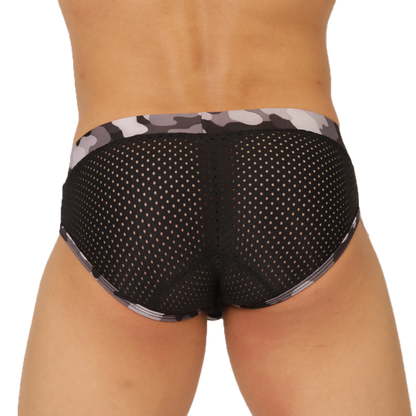 Black mesh briefs with gray and white camouflage waistband from gigo feeling black brief collection