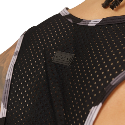 Gigo feeling black tank black mesh basketball jersey with gray and white trim and subtle logo patch on the chest
