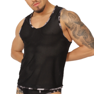 Gigo Feeling Black Tank black mesh tank top with gray and white striped trim on neckline armholes and hem