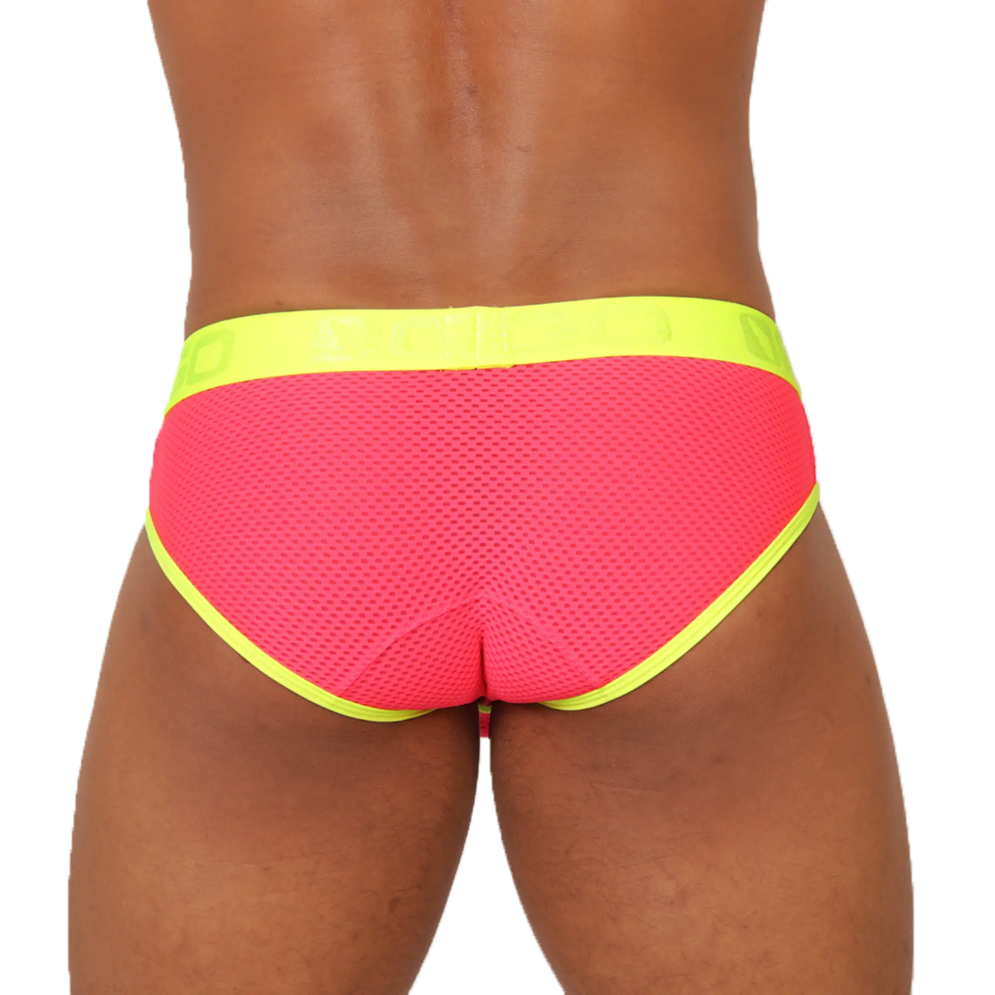 Gigo Feeling Candy Brief vibrant pink mesh swim trunks with neon yellow trim designed for comfortable swimming