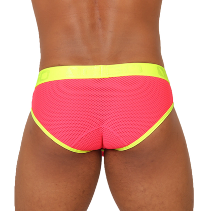 Gigo Feeling Candy Brief vibrant pink mesh swim trunks with neon yellow trim designed for comfortable swimming