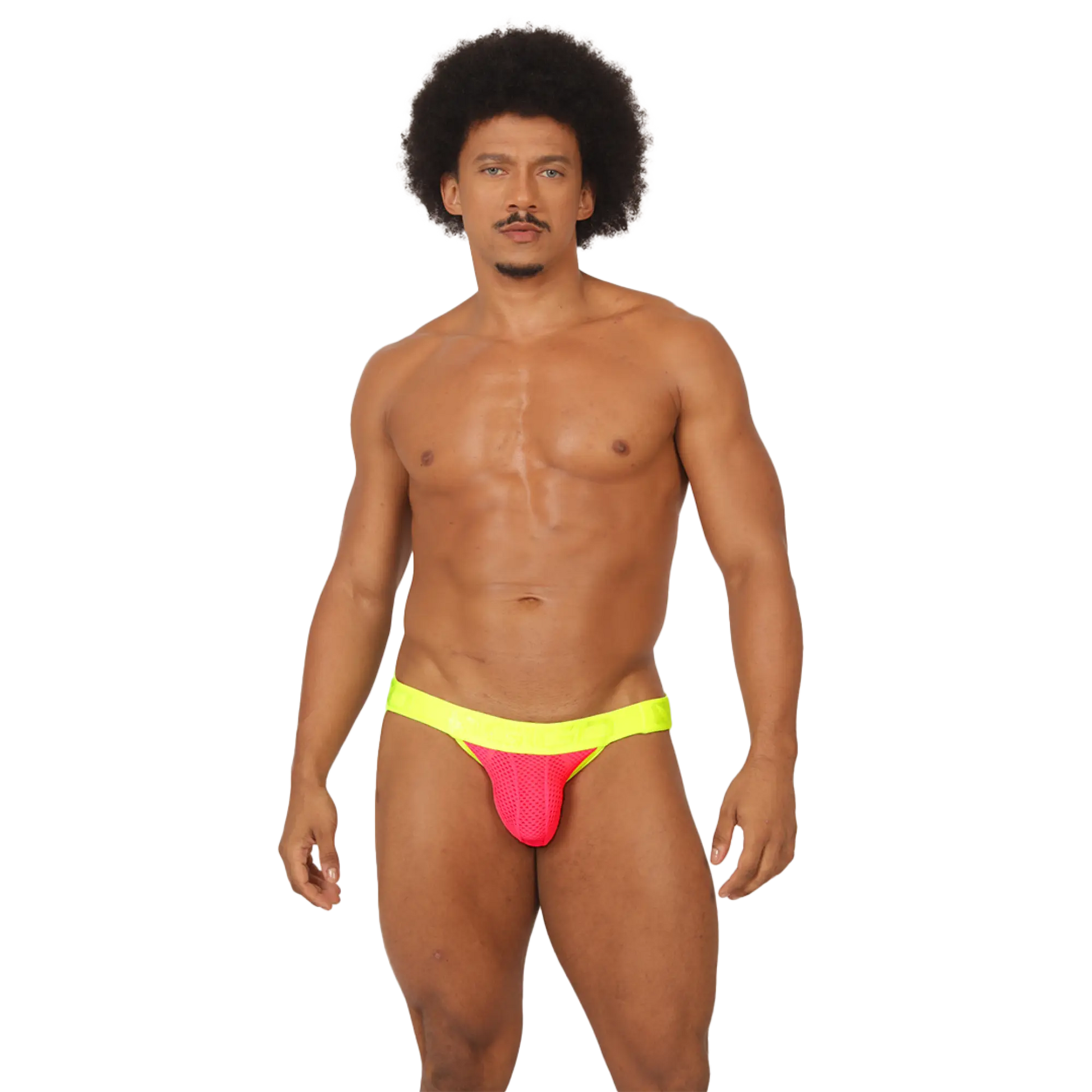 Vibrant neon pink and yellow gigo feeling candy jockstrap with mesh texture designed for athletic comfort