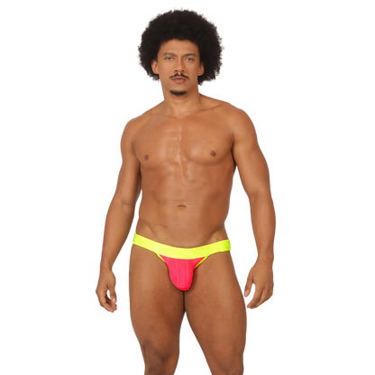 Vibrant neon pink and yellow gigo feeling candy jockstrap with mesh texture designed for athletic comfort