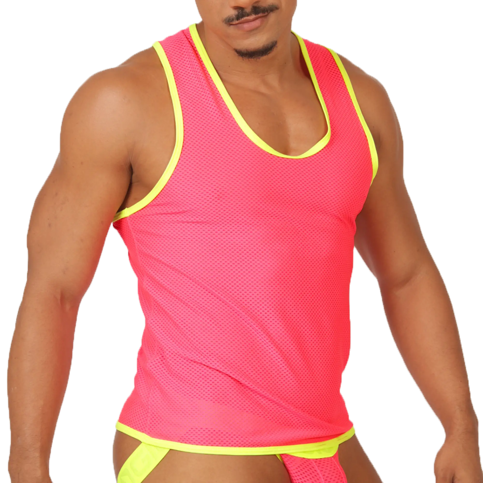 Bright pink mesh tank top with neon yellow trim from the gigo feeling candy tank collection