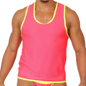 Bright pink mesh tank top with neon yellow trim from Gigo feeling candy tank collection for casual wear