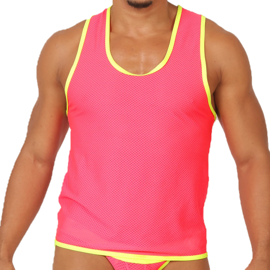 Bright pink mesh tank top with neon yellow trim from Gigo feeling candy tank collection for casual wear