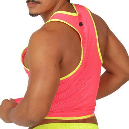 A vibrant neon pink mesh tank top with bold yellow trim and a black logo patch on the shoulder named Gigo Feeling Candy Tank