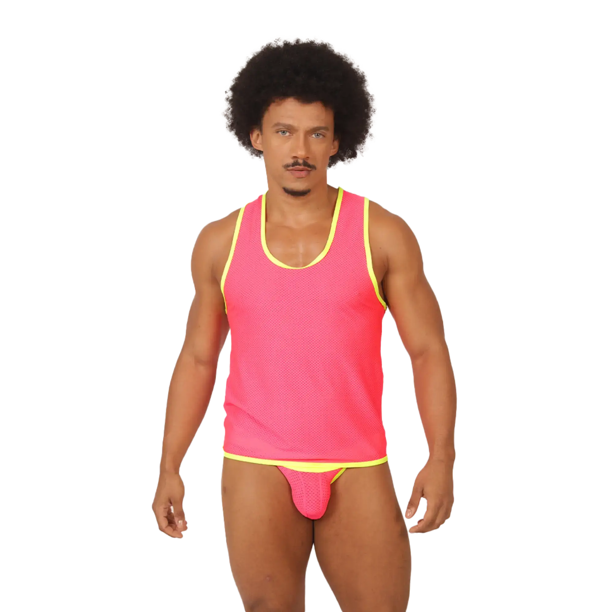 Vibrant pink mesh gigo feeling candy tank top with neon yellow trim perfect for casual summer wear