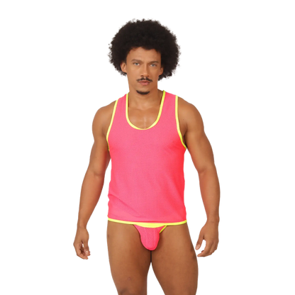 Vibrant pink mesh gigo feeling candy tank top with neon yellow trim perfect for casual summer wear