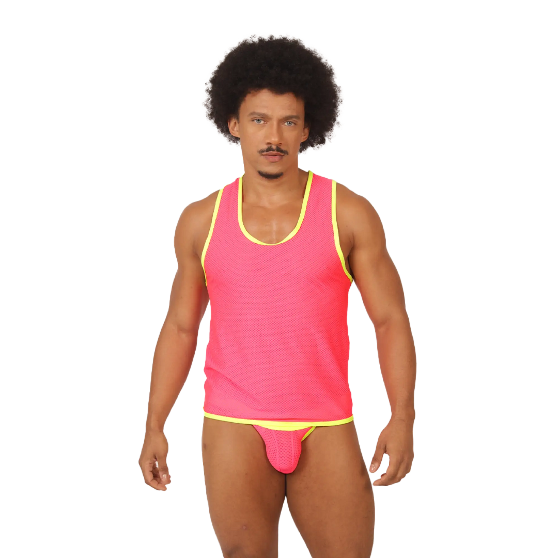Vibrant pink mesh gigo feeling candy tank top with neon yellow trim perfect for casual summer wear