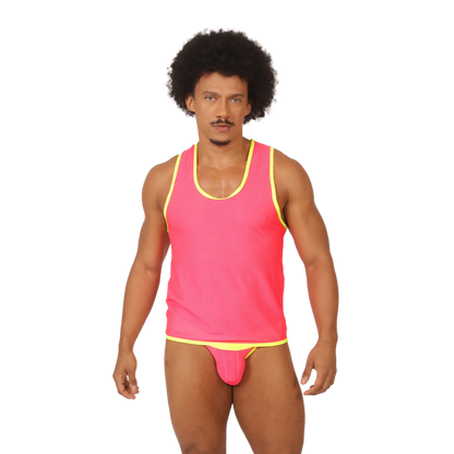 Vibrant pink mesh gigo feeling candy tank top with neon yellow trim perfect for casual summer wear