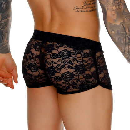 Gigo female black hotshort lace boxer briefs with floral pattern and solid black waistband front view