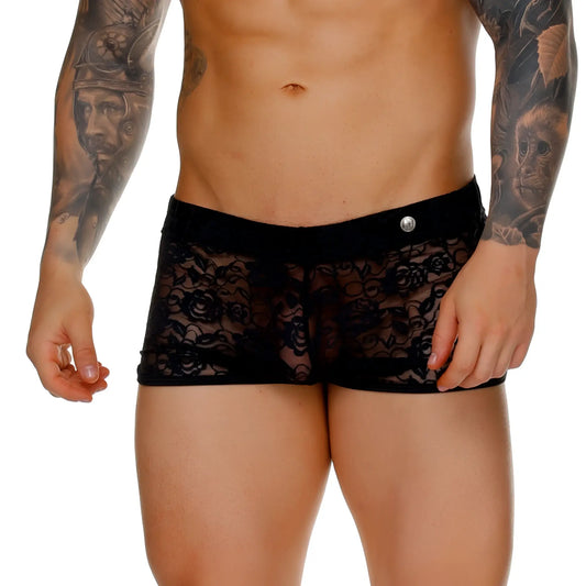 Black lace menâ€™s briefs with floral pattern and solid black waistband with silver button from gigo female black hotshort