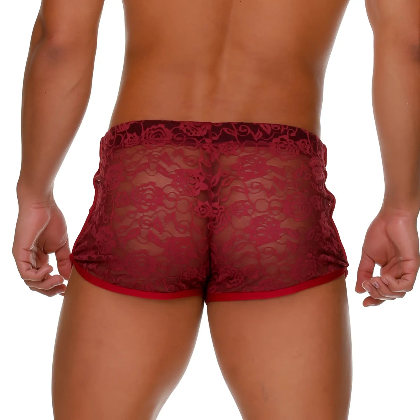 Gigo female wine hotshort red lace shorts with floral pattern and solid red trim front view