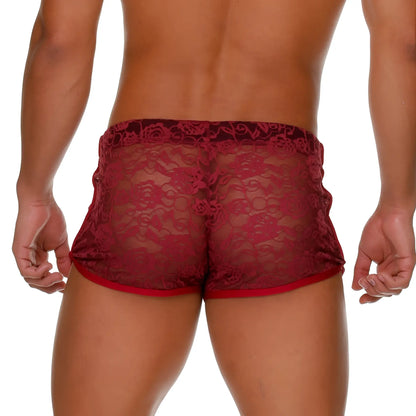 Gigo female wine hotshort red lace shorts with floral pattern and solid red trim front view