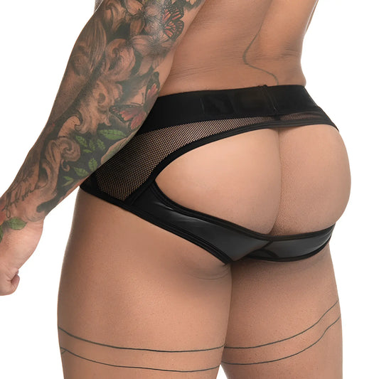 Black mesh and faux leather thong brief jockstrap with central cutout from gigo fetiche collection