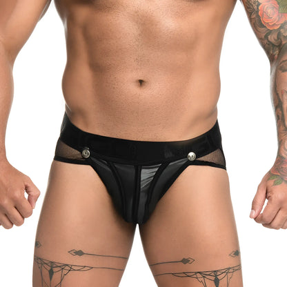 Gigo fetiche black brief jockstrap in black mesh with solid waistband and silver toned buttons visible front side