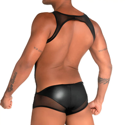 Back view of gigo fetiche black singlet menâ€™s backless underwear in sheer mesh and faux leather materials