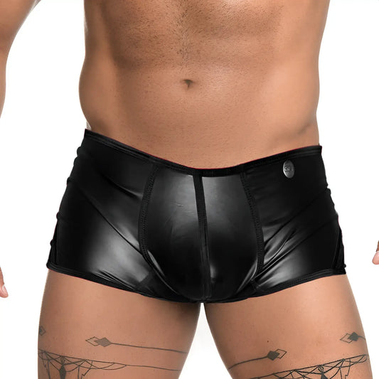 Gigo Fetiche black trunk shiny faux leather briefs with sleek form fitting design and silver button on the waistband