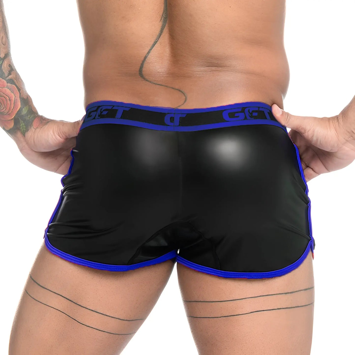 Black glossy gigo fetiche blue short with blue trim and matching elastic waistband featuring get logo