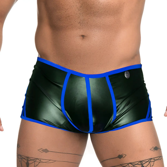 Shiny black patent leather briefs with bold blue trim and a silver button at the waistband called gigo fetiche blue trunk