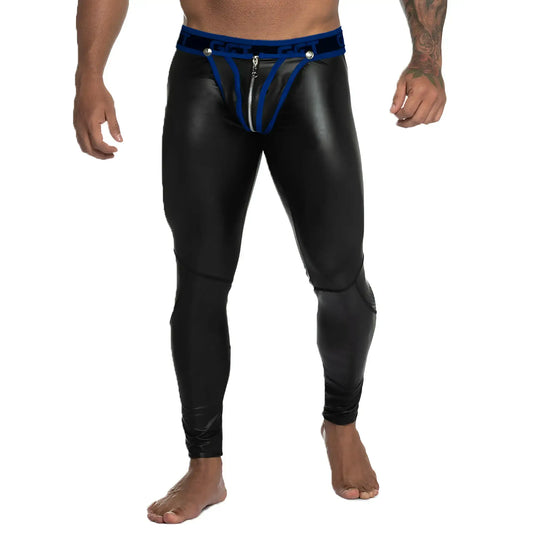 Black patent leather leggings with blue elastic waistband and front zipper detail from gigo fetiche blue zipper leggins