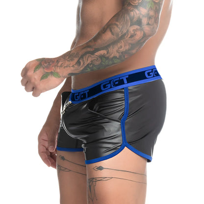 Black glossy faux leather shorts with bold blue trim and zipper fly featuring get brand logo on waistband