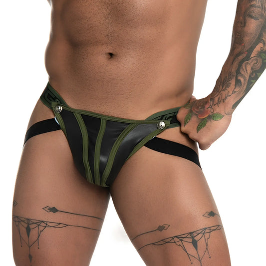 Gigo fetiche green jockstrap in black and olive green leather-like briefs with silver-toned button closures