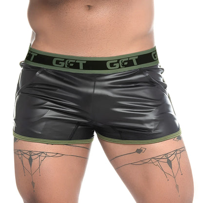 Gigo Fetiche green short black patent leather shorts with olive green elastic waistband and trim featuring a glossy finish