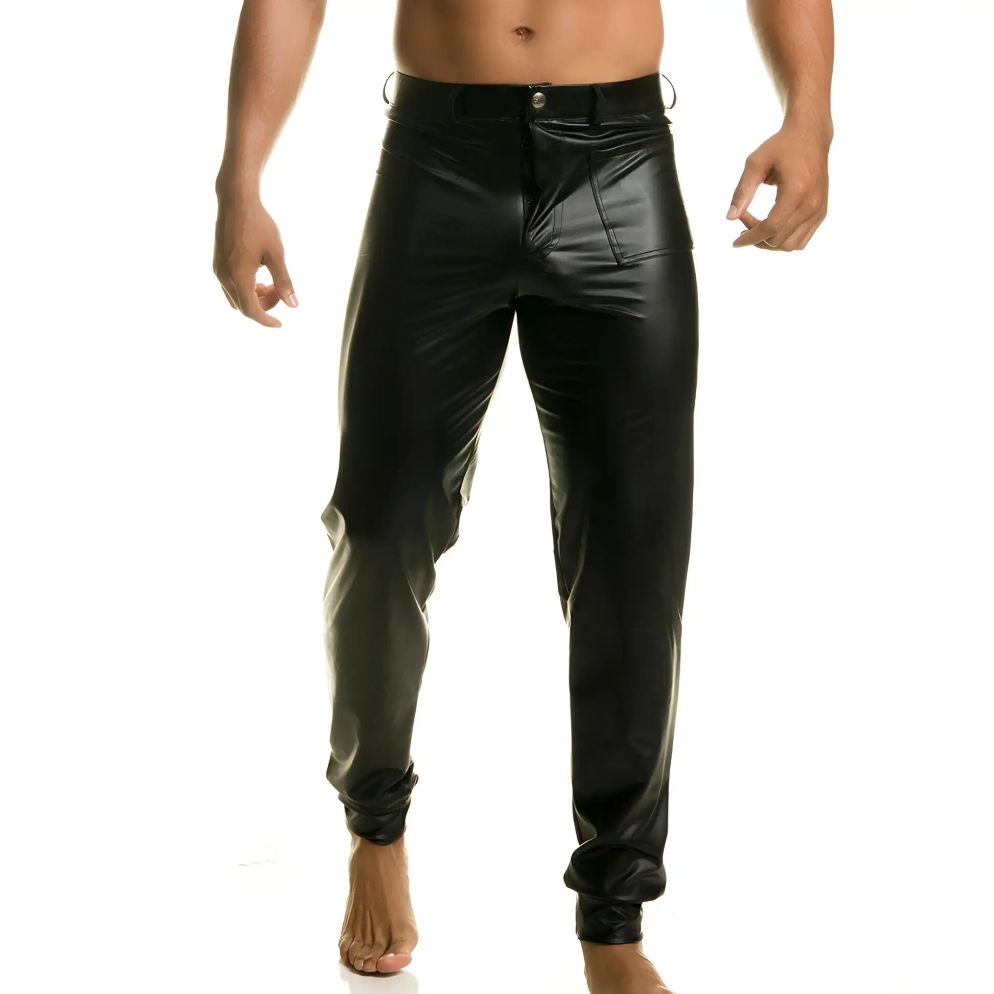 Black shiny faux leather gigo fetiche pants with slim fit and cuffed ankles for a sleek edgy look