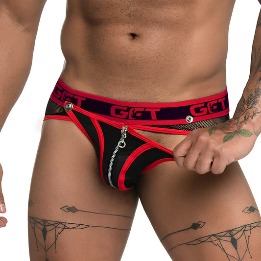 Black and red mesh Gigo Fetiche zipper brief jockstrap with silver zipper and get branding on waistband