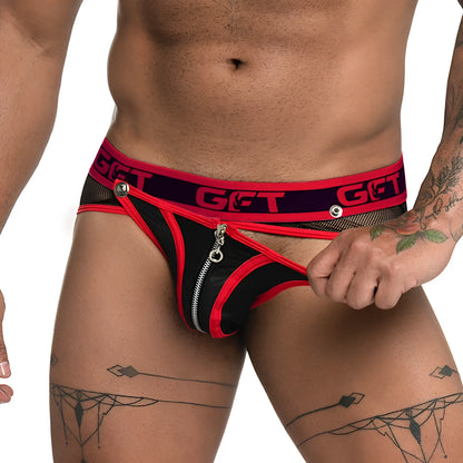 Black and red mesh Gigo Fetiche zipper brief jockstrap with silver zipper and get branding on waistband