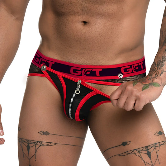 Black and red mesh Gigo Fetiche zipper brief jockstrap with silver zipper and get branding on waistband