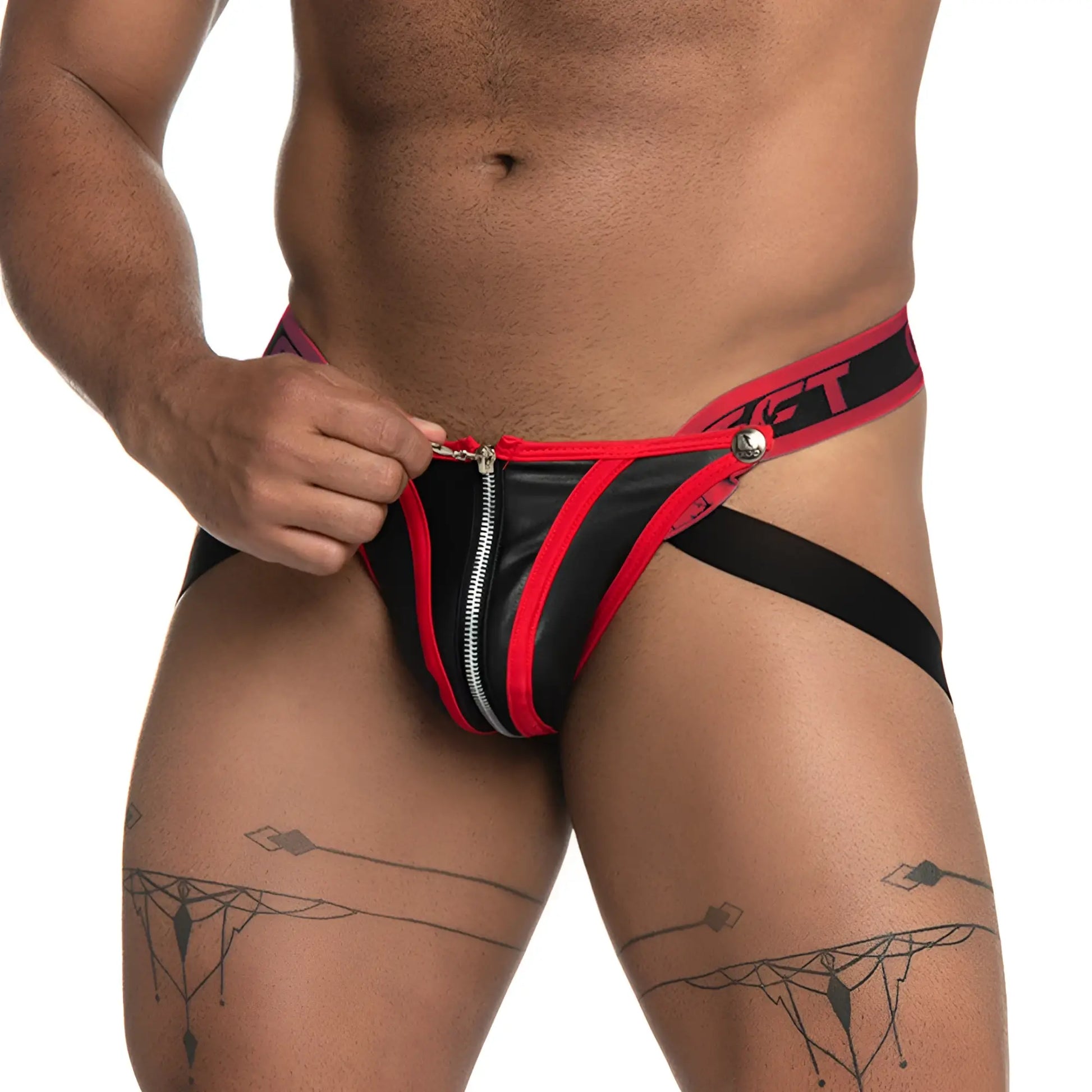 Black and red leather-like Gigo Fetiche zipper jockstrap briefs with silver front zipper and branded waistband