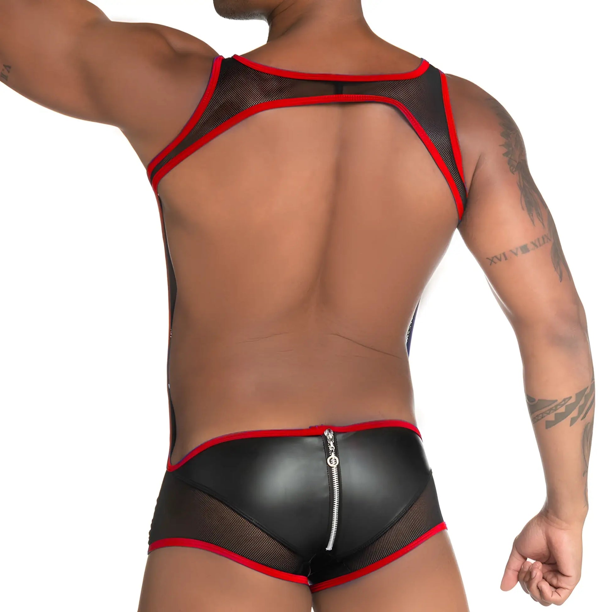 Black and red mesh-backed menâ€™s briefs with shiny faux leather front panel and silver zipper